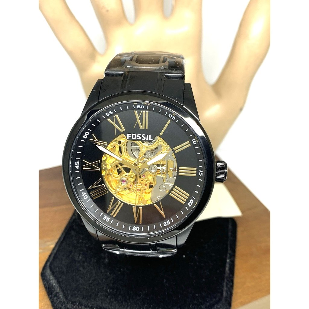 Fossil Men's Watch Bq2092 Flynn Automatic Gold Black Dial Stainless Steel 48mm